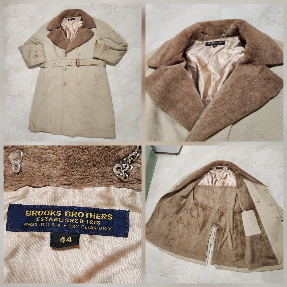 VTG 70s Brooks Brothers Mens 44 Fur Collar Belted Trench Coat Overcoat Jacket